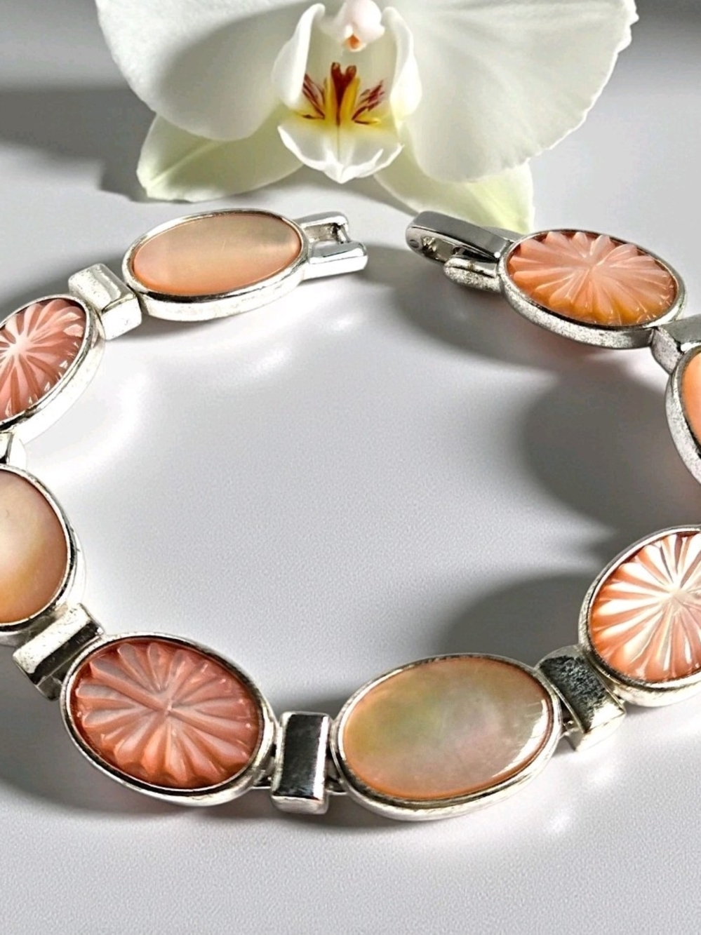 Vintage Monet Pink & Silver Carved Shell Bracelet